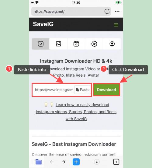 استخدام SaveIG في Documents by Readdle: استخدام موقع SaveIG داخل متصفح 