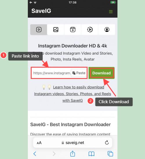 Using SaveIG to Paste Instagram Link: SaveIG website on an iPhone showing where to paste an Instagram link and click 