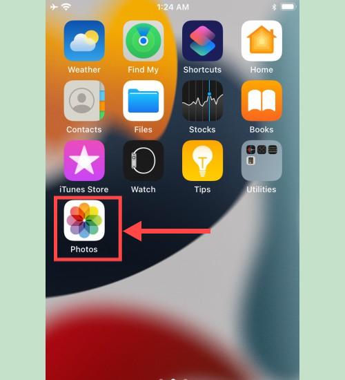 Accessing Saved Video in Photos App: iPhone home screen highlighting the 