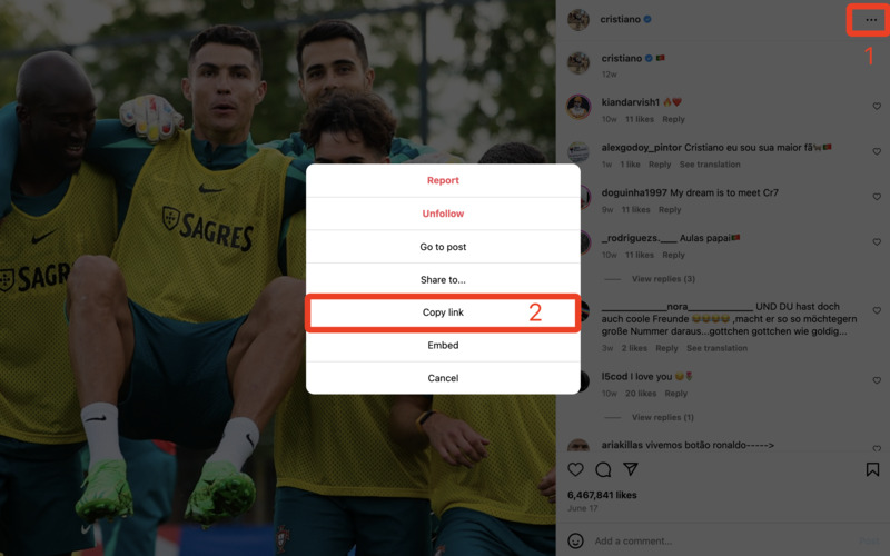 Instagram-Link für SaveIG Download kopieren: Instagram-Beitrag, der das Menü zum 