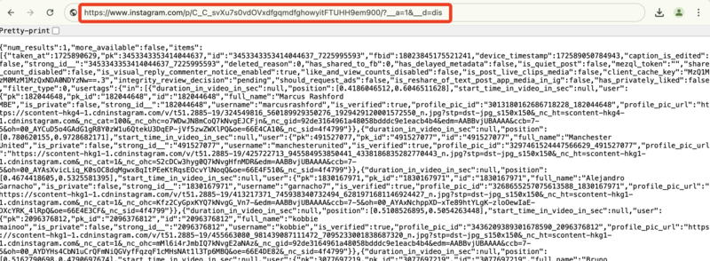 Pag-view ng Instagram Source Code para sa SaveIG: Browser window na nagpapakita ng source code ng Instagram post pagkatapos sundin ang mga tagubilin ng SaveIG para sa private downloads.