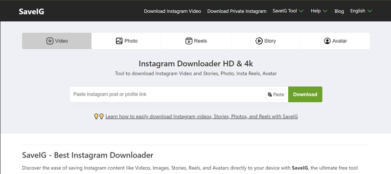 SaveIG Instagram Video Downloader Website: Screenshot of the SaveIG website showing the interface to paste an Instagram URL and download videos, photos, reels, stories, or IGTV.