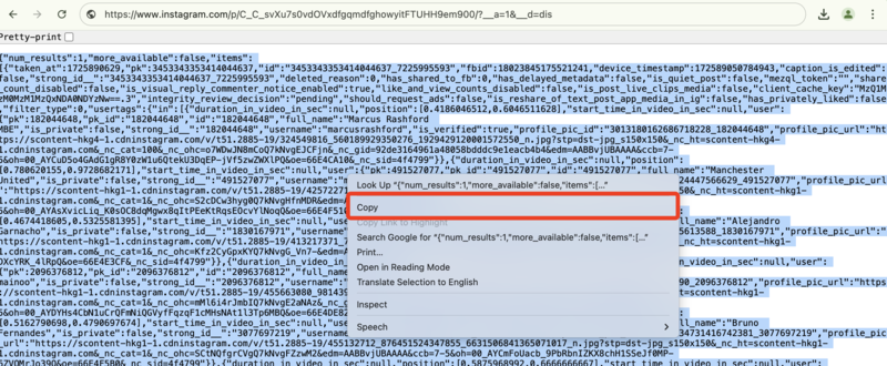 Copie du code source depuis Instagram pour SaveIG : Capture d’écran du navigateur montrant l’utilisateur en train de copier le code source du post Instagram pour l’utiliser avec le téléchargeur privé de SaveIG.