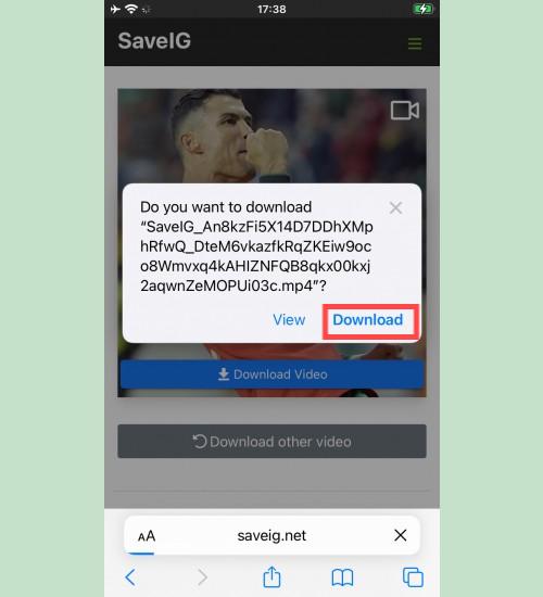 Bekrefter videonedlasting fra SaveIG: iPhone-skjermen ber om å laste ned en video fra SaveIG med et alternativ for å 